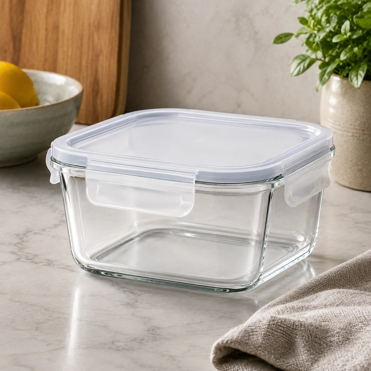 Detail view of Square Glass Food Storage Container showing accessory confirmed according to selected model