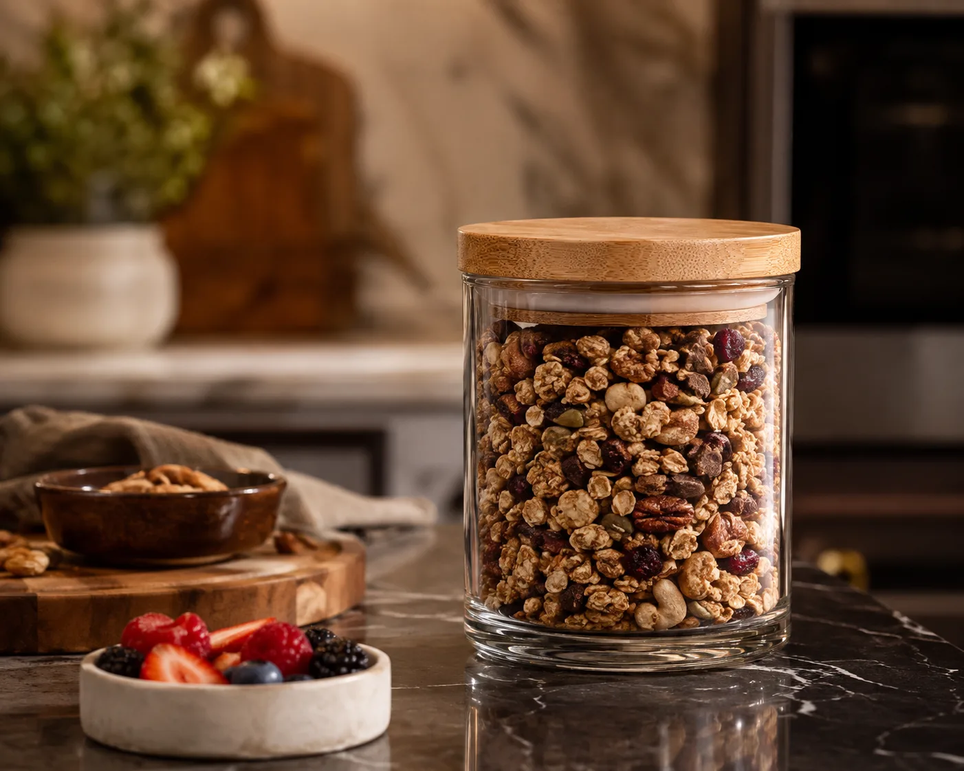 Straight-Sided Food Jar in a kitchen or food-storage setting for sauces and jam.
