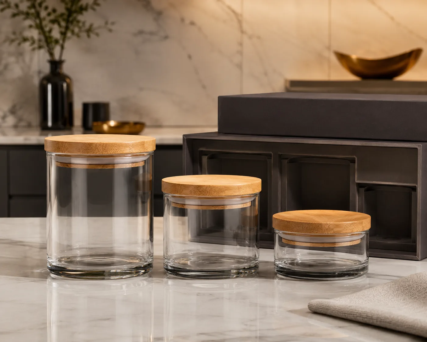 Close-up of Straight-Sided Food Jar showing the glass body, rim and base detail.