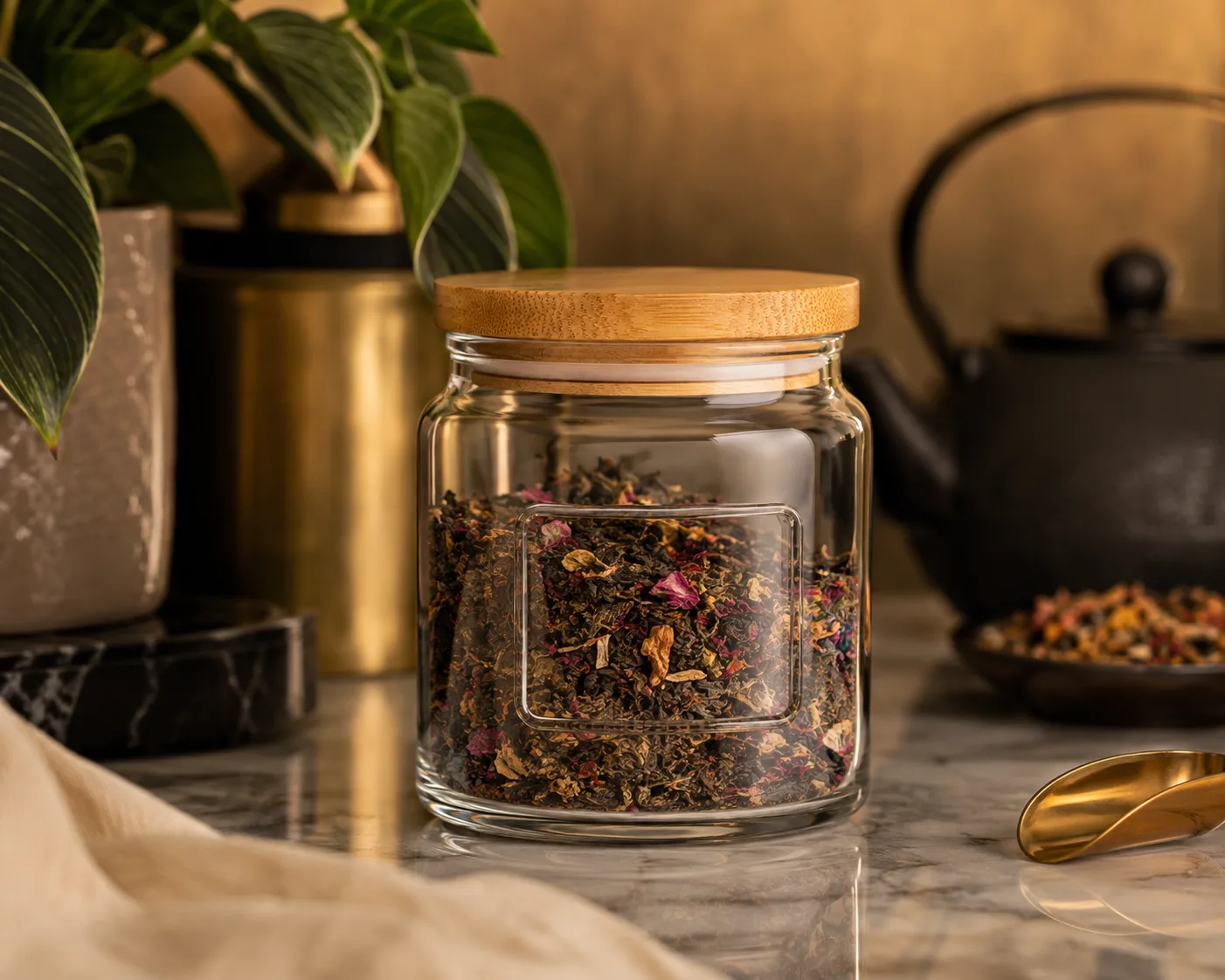 Tea Storage Jar in a kitchen or food-storage setting for loose tea and tea bags.