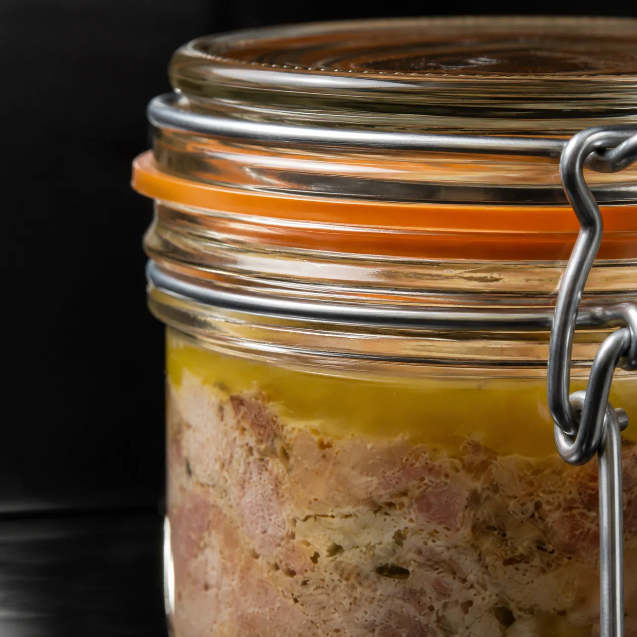 Close view of Terrine Jar showing glass wall and label / lid branding