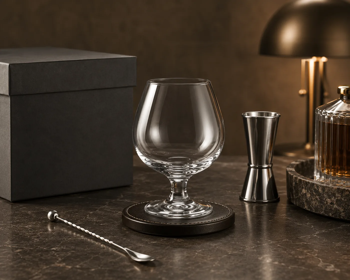 Copo de brandy mostrado de um ângulo secundário com o bojo e a borda visíveis.