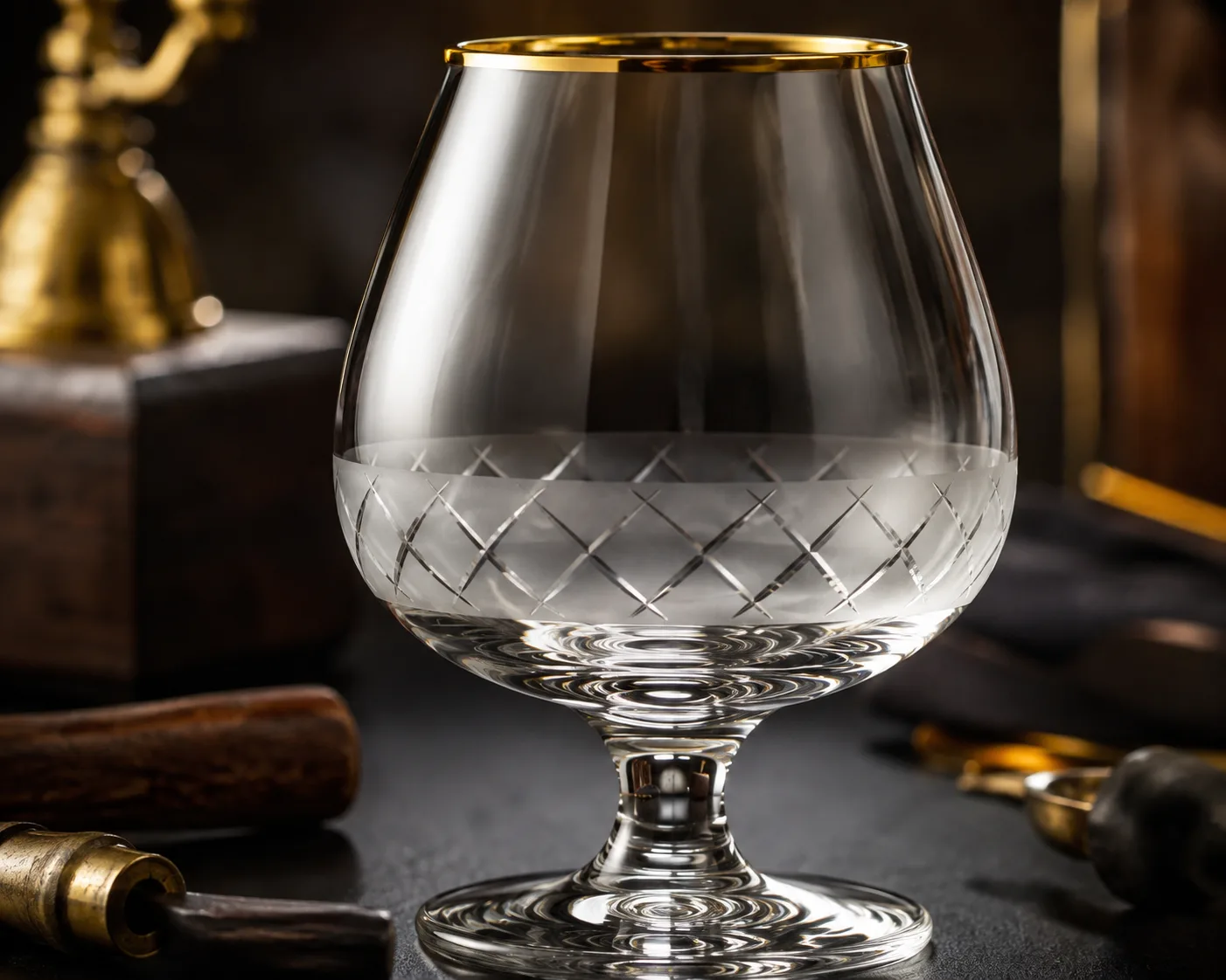 Copo de brandy em uma apresentação de mesa de hospitalidade coordenada.