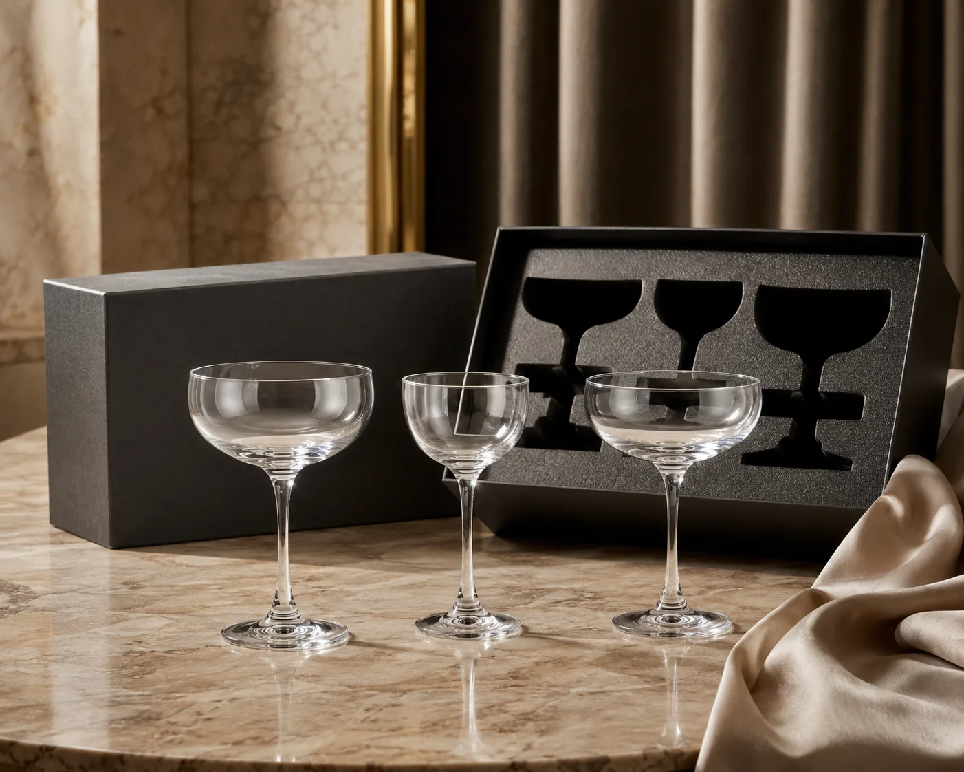 Close-up of Champagne Coupe Glass showing the rim, glass wall and base.