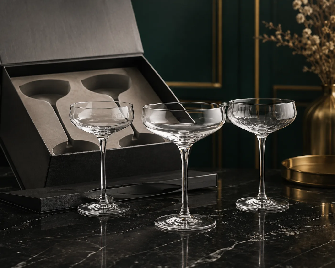 Nahaufnahme des Coupe Cocktailglases mit Rand, Glaswand und Fuß.