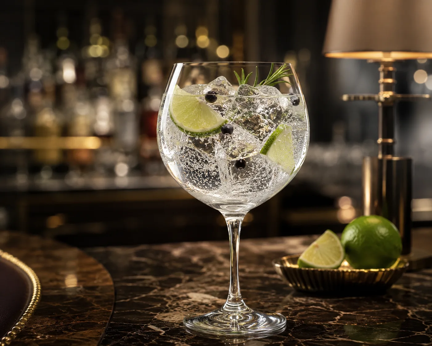 Verre à Gin et Tonic dans un cadre de service de boissons pour cocktails au gin et service de bar premium.