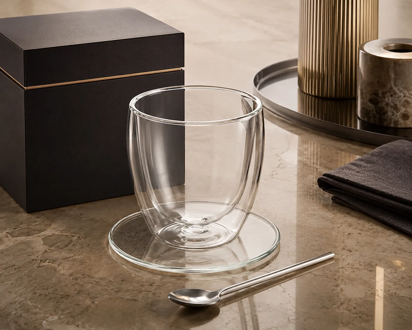 Copo de Vidro para Bebidas mostrado de um ângulo secundário com o bojo e a borda visíveis.