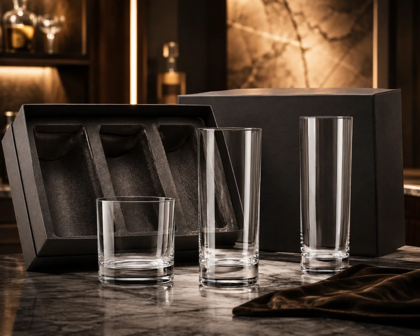 Nahaufnahme des Highball-Glases mit Rand, Glaswand und Boden.
