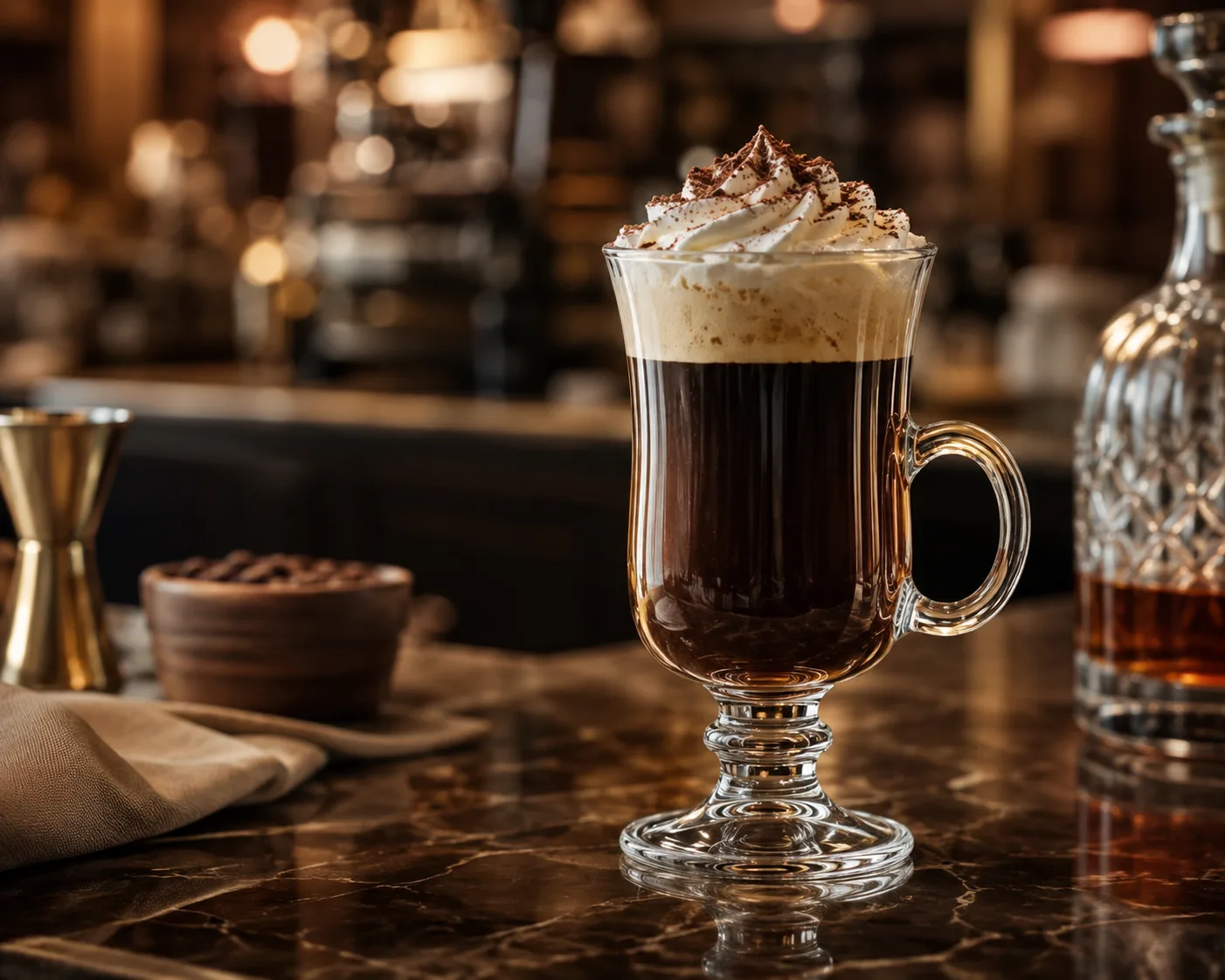 Copo de Vidro para Irish Coffee em ambiente de serviço de bebidas para Irish coffee e bebidas quentes.