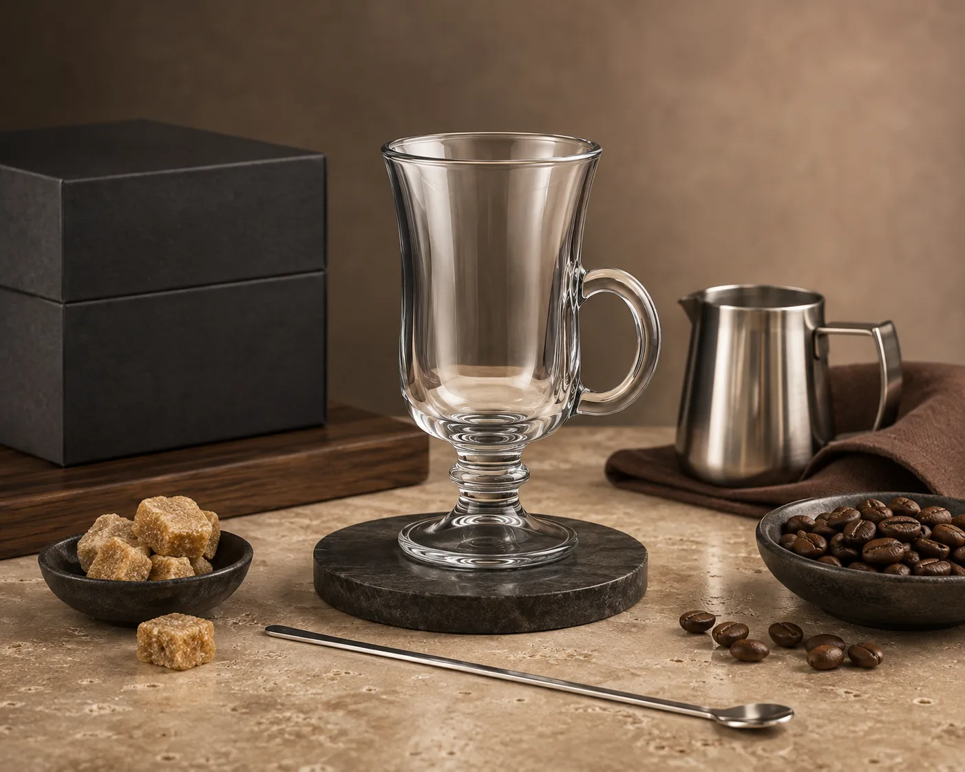 Copo de Vidro para Irish Coffee mostrado de um ângulo secundário com a tigela e a borda visíveis.