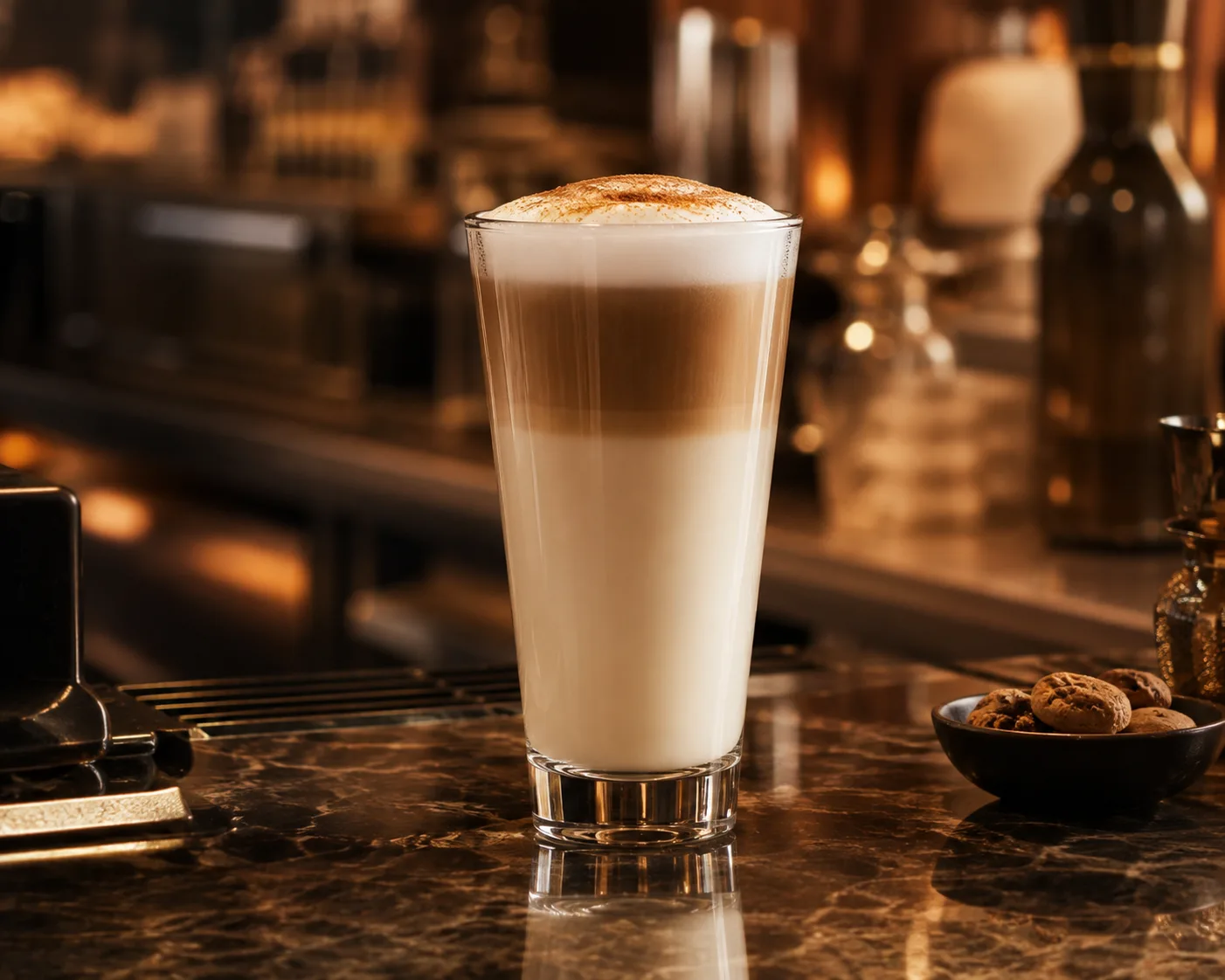 Latte-Glas in einer Getränkeservice-Umgebung für Latte und Kaffee.