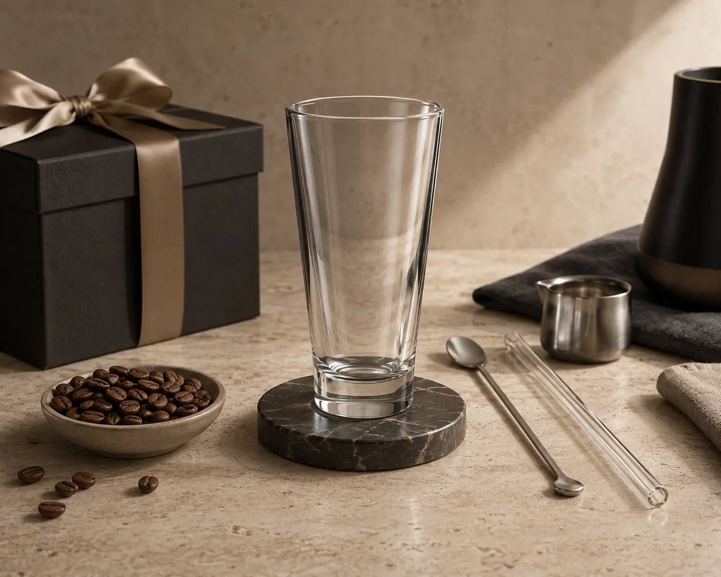 Latte-Glas aus einem zweiten Winkel mit sichtbarem Kelch und Rand.