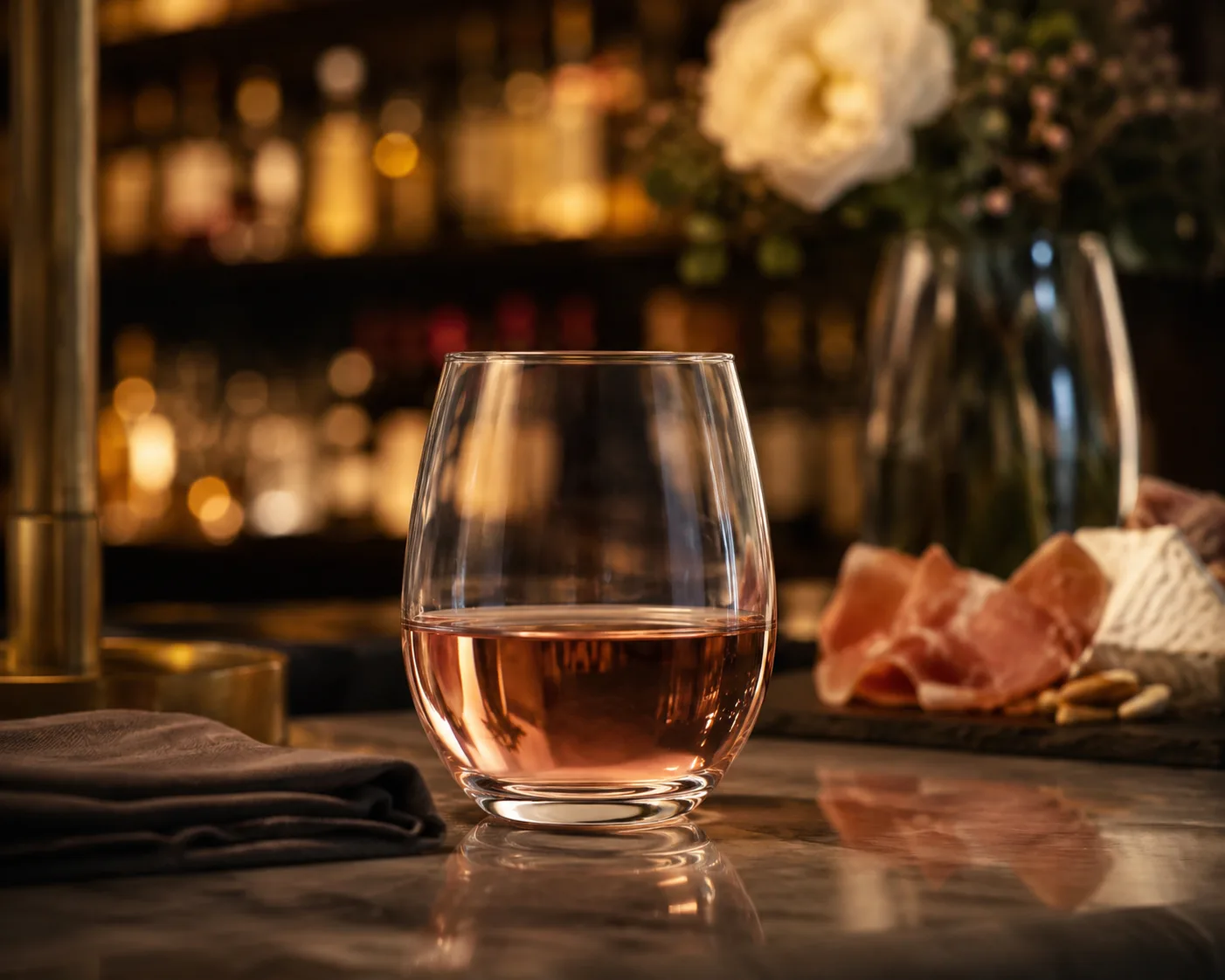 Stemless Wine Glass in einer Getränkeservice-Umgebung für Wein und Wasser.