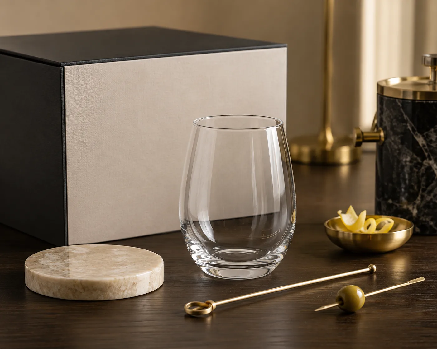 Stemless Wine Glass aus einem sekundären Winkel mit sichtbarer Schale und Rand.