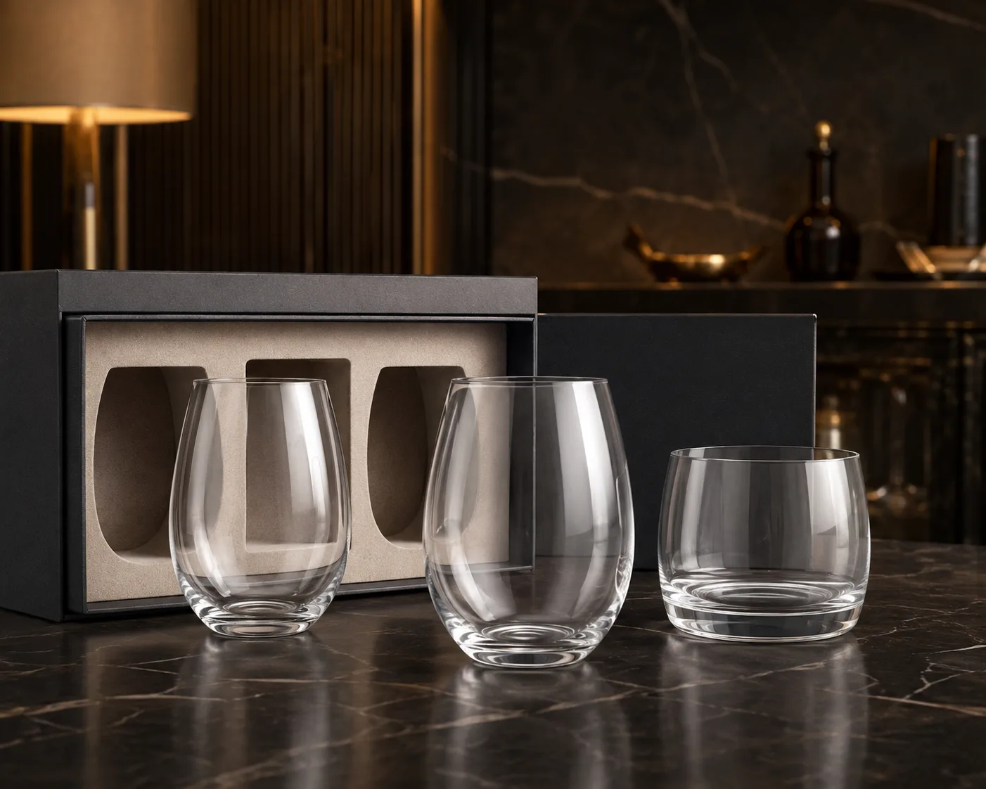 Nahaufnahme des Stemless Wine Glass mit Rand, Glaswand und Boden.