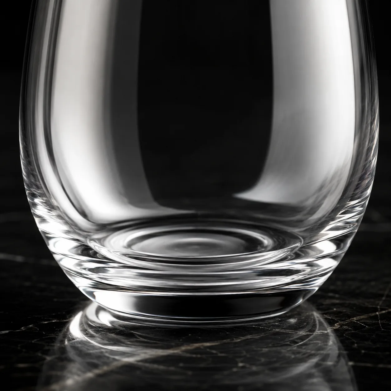 Close view of Stemless Wine Glass showing stem or base and logo print / decal