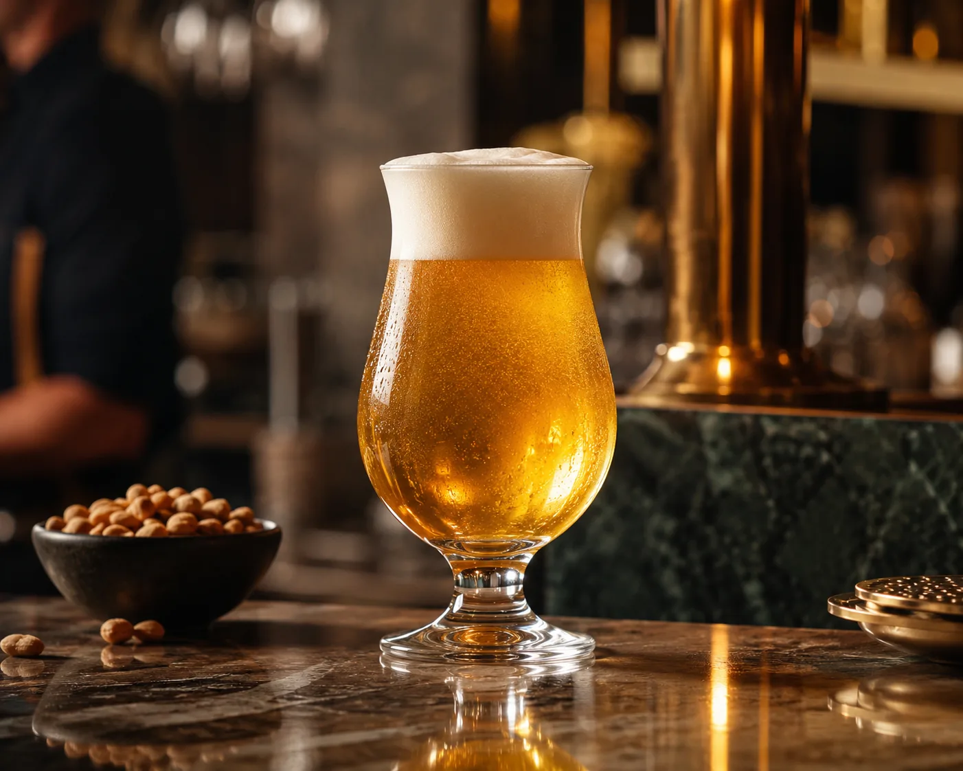 Copo de Cerveja Tulipa em um ambiente de serviço de bebidas para cerveja artesanal e serviço de cerveja focado em aroma.