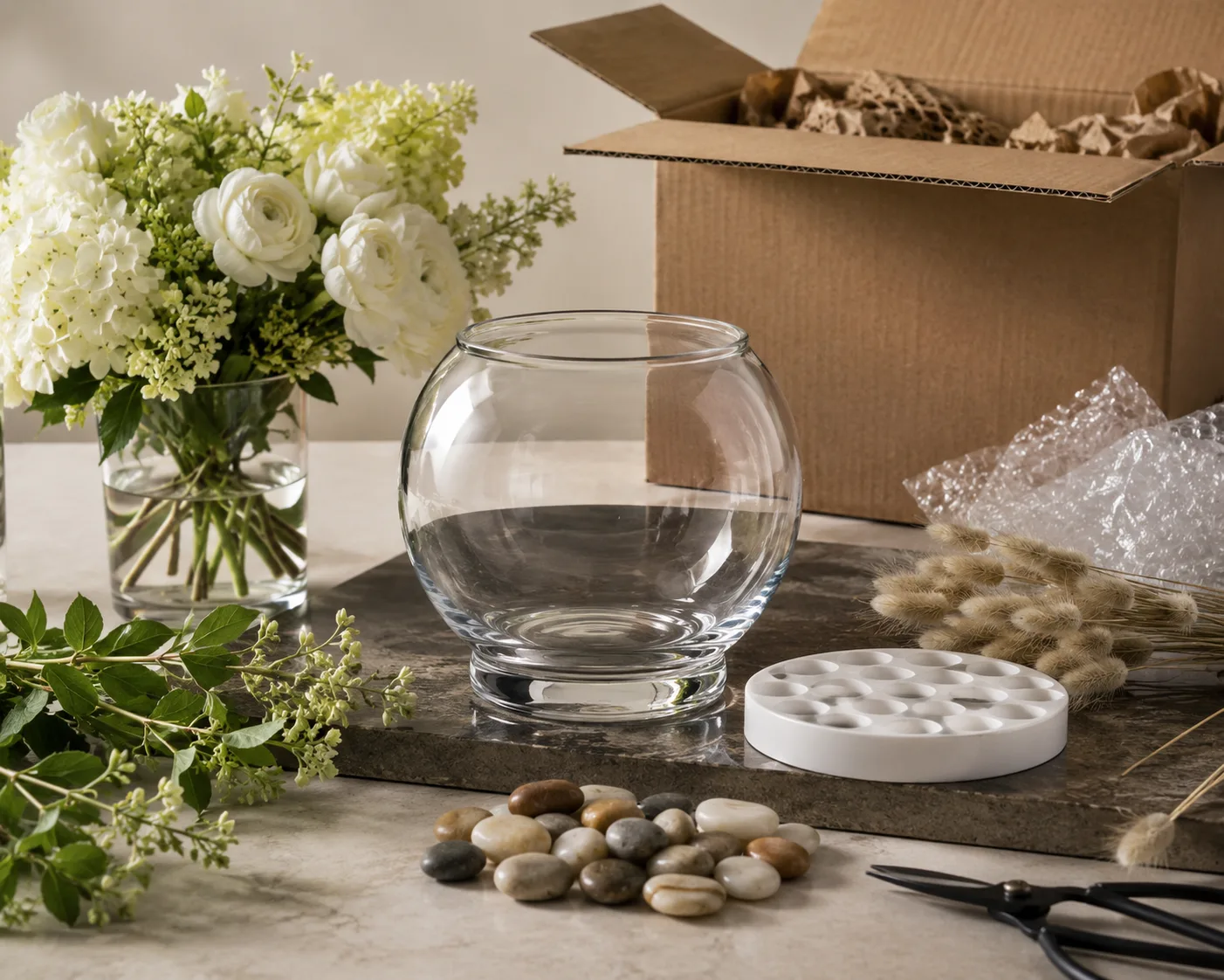 مزهرية زجاجية على شكل وعاء سمكة من زاوية ثانوية مع ظهور الفوهة وملف الجسم.