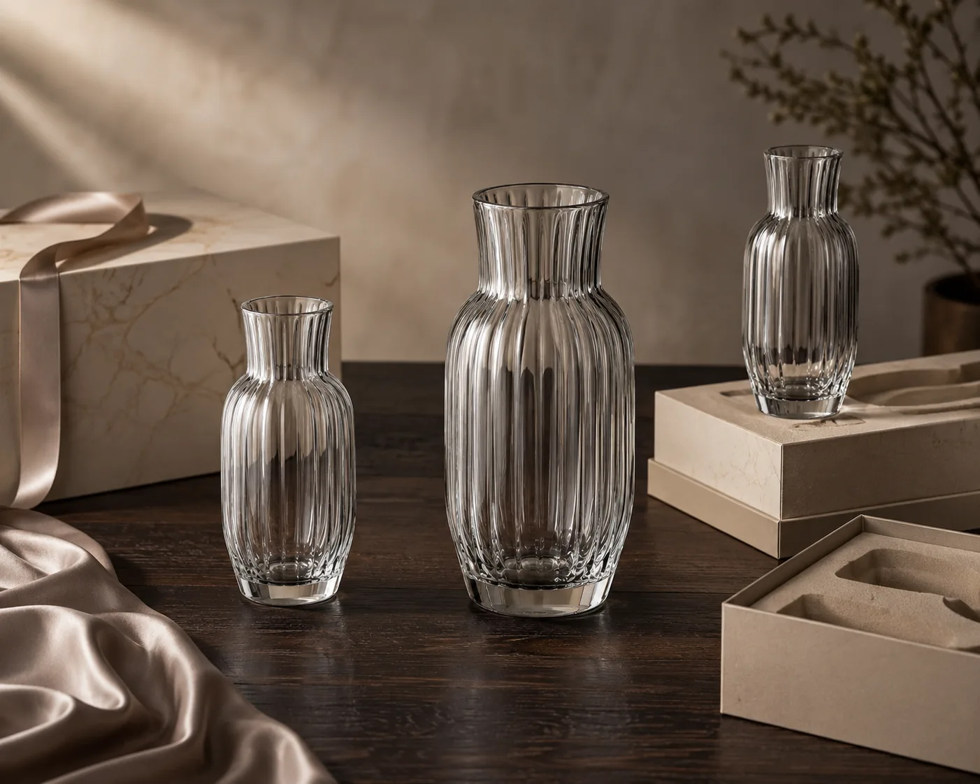 Close-up of Glass Fluted Vase showing the rim, surface and base detail.