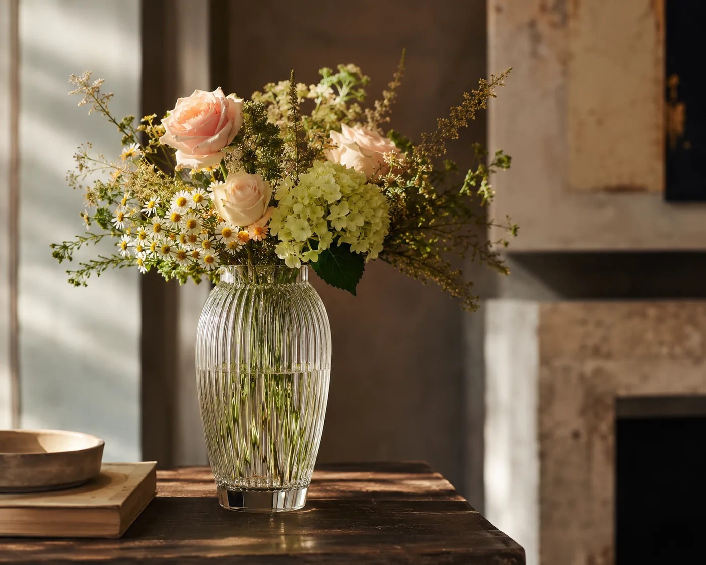 Vase en verre cannelé dans un décor floral pour compositions florales et décoration intérieure texturée.