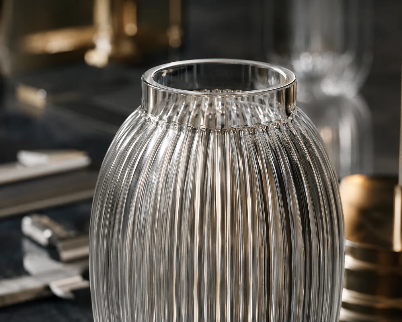 Vase en verre cannelé dans une présentation coordonnée sur table ou en intérieur.