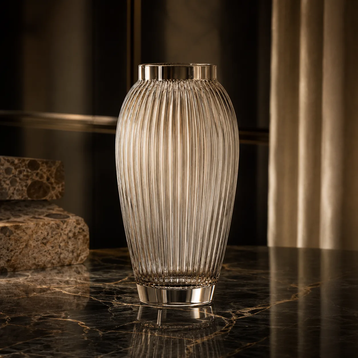 Detail view of Glass Ribbed Vase showing rim or base detail