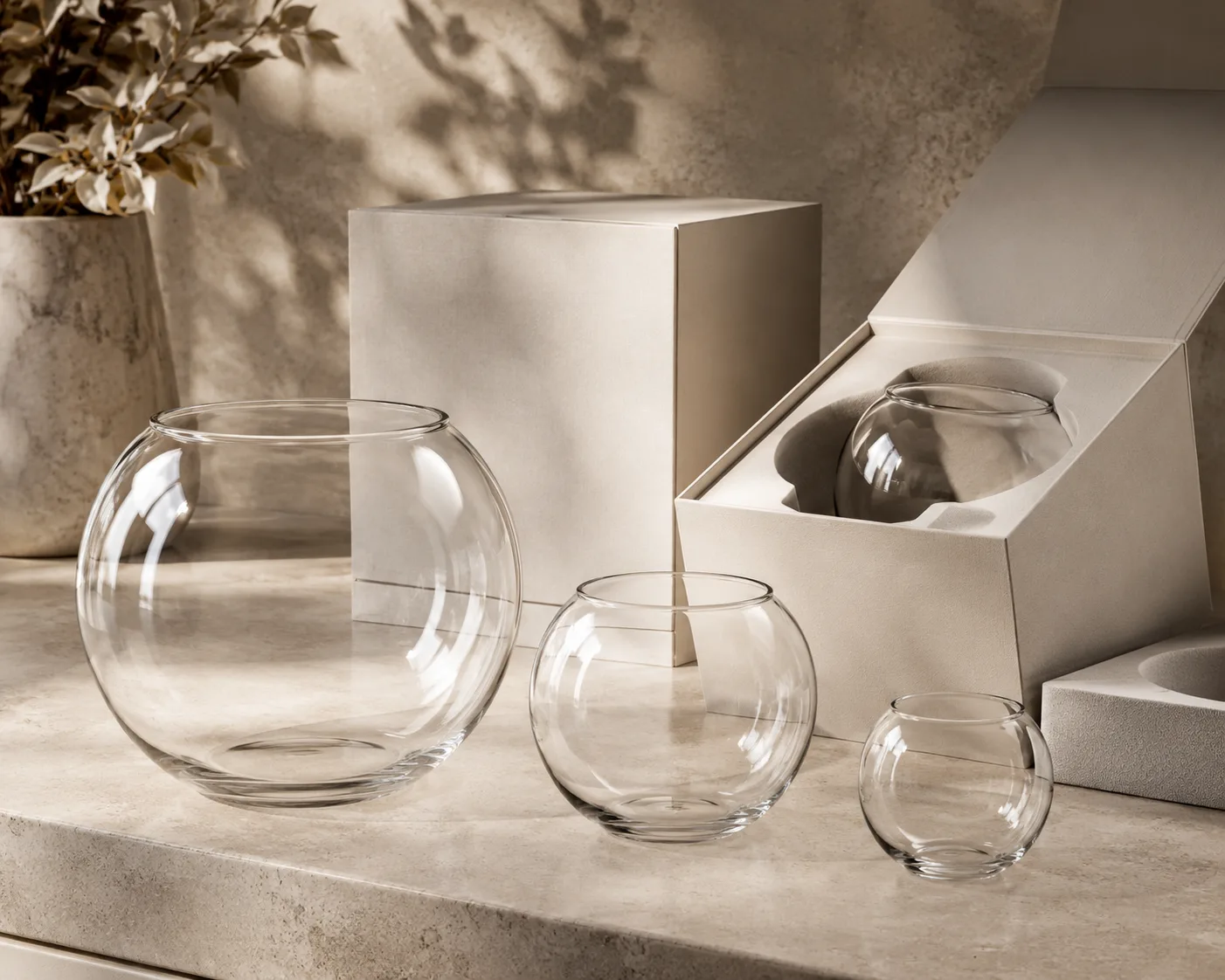 Close-up of Glass Round Vase showing the rim, surface and base detail.