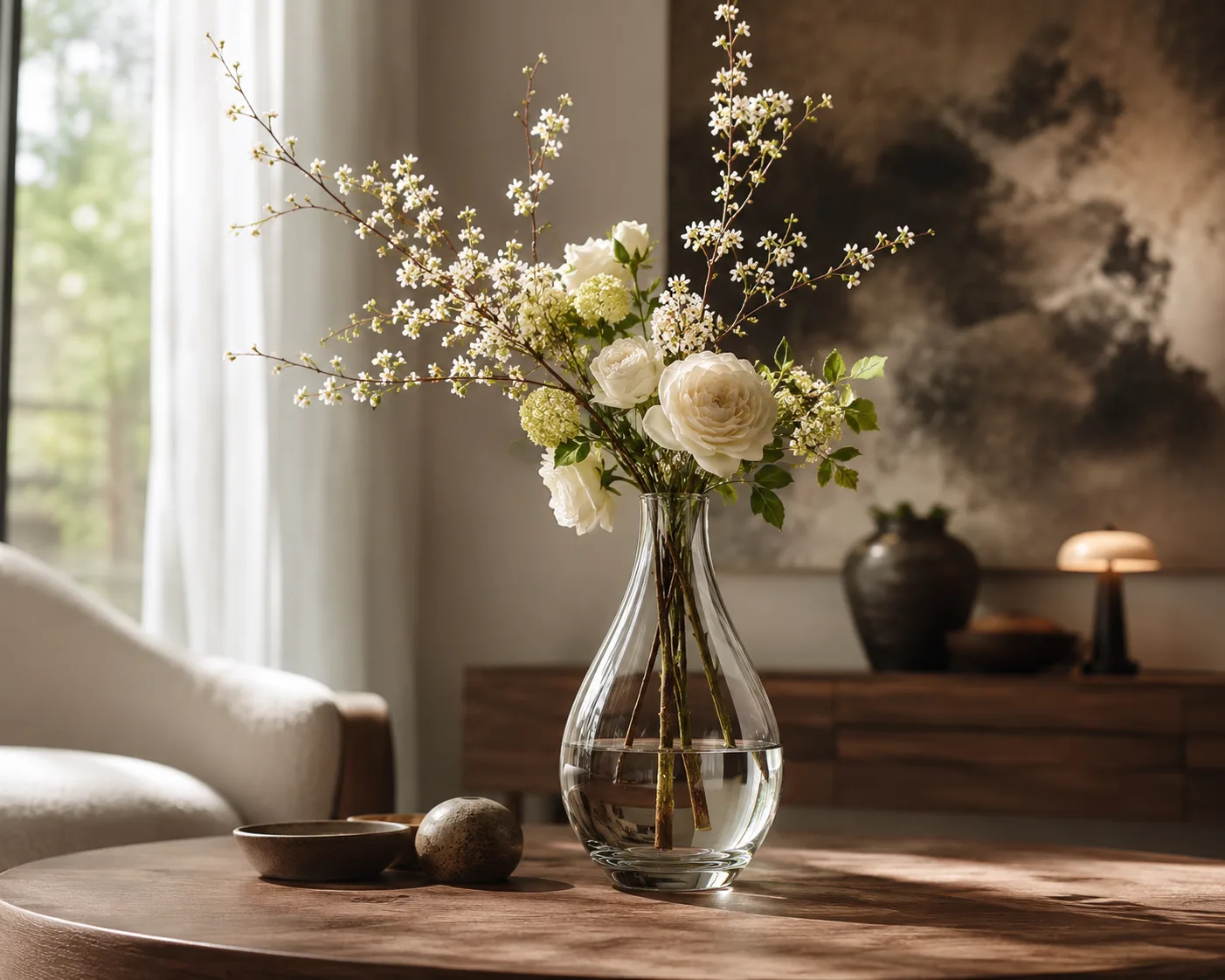 Vaso de Vidrio en Forma de Lágrima en un entorno floral decorativo para tallos individuales y exhibición floral escultórica.