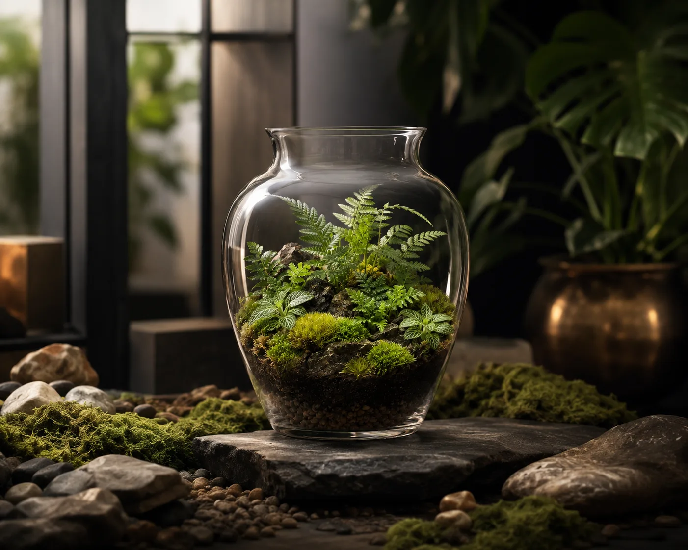 Vase en verre pour terrarium dans un décor floral pour terrariums et plantes.