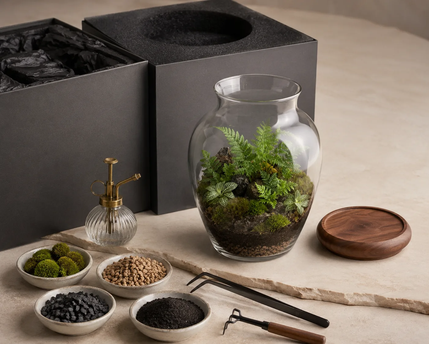 Vase en verre pour terrarium montré sous un angle secondaire avec l'ouverture et le profil du corps visibles.