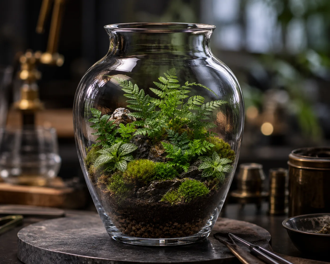 Vase en verre pour terrarium dans une présentation coordonnée sur table ou en intérieur.