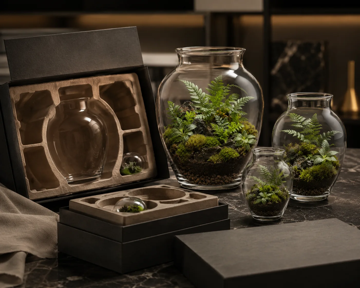 Gros plan du vase en verre pour terrarium montrant le bord, la surface et le détail de la base.