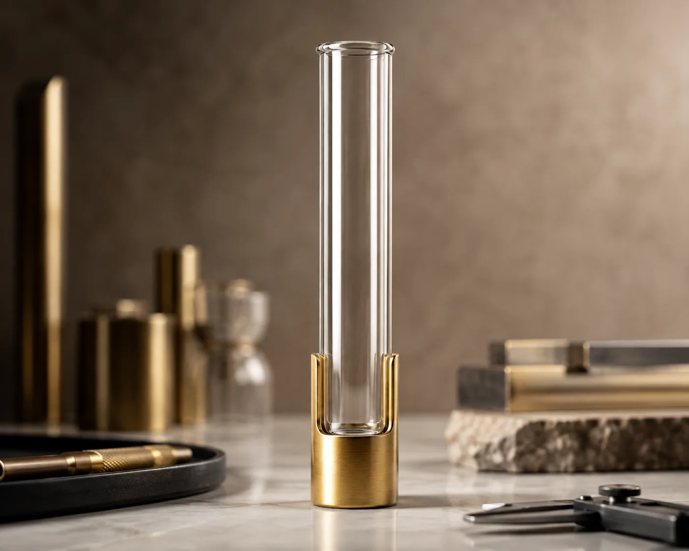 Vase en tube de verre dans une présentation coordonnée sur table ou en intérieur.