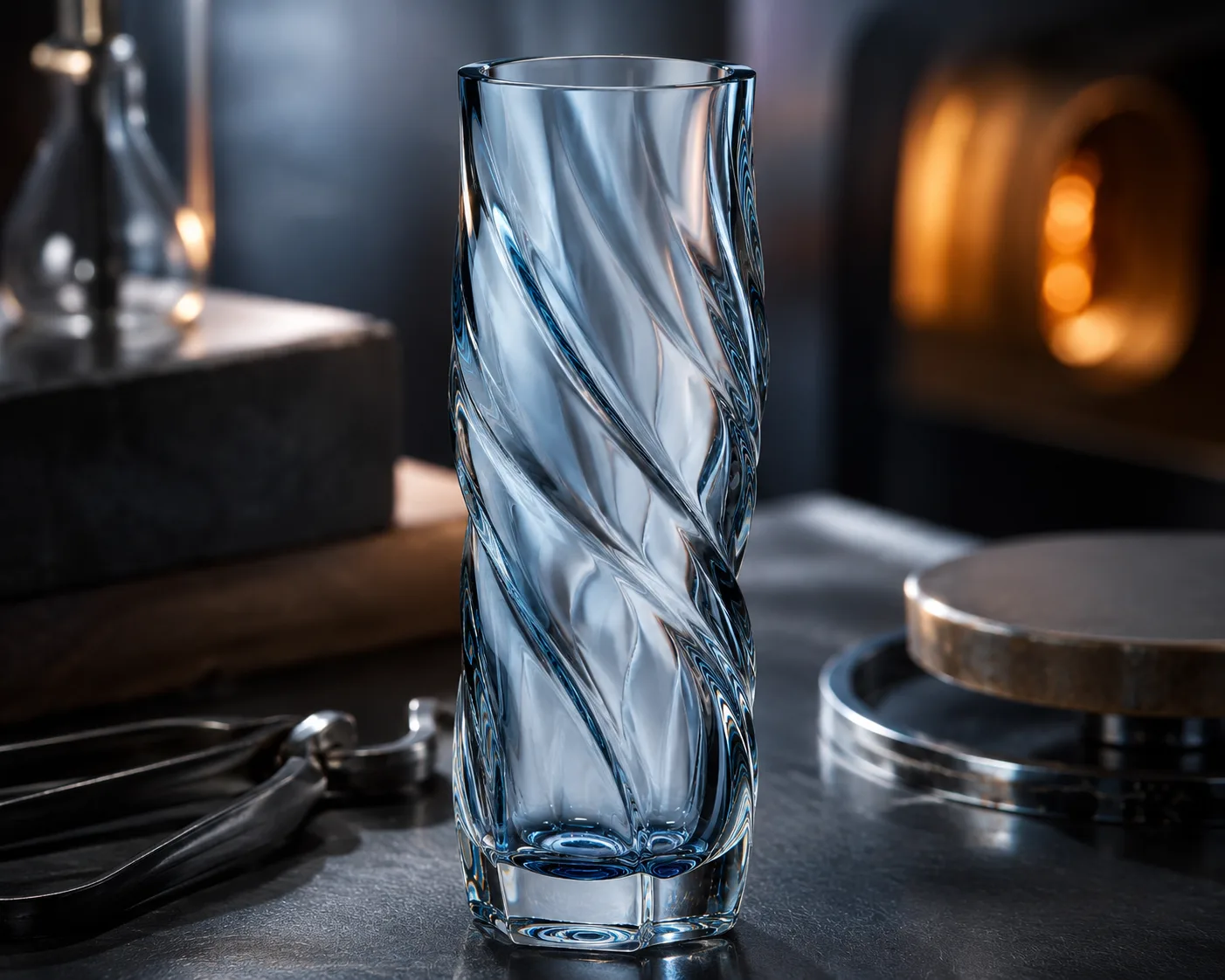 Vase en verre torsadé dans une présentation coordonnée sur table ou en intérieur.