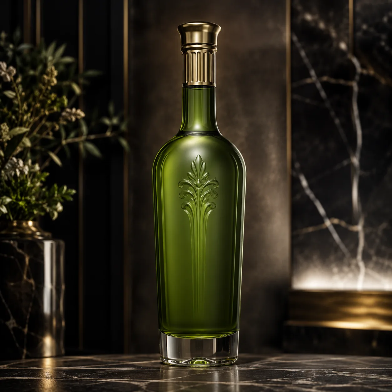 Absinthe Bottle with green glass body, gold stopper and embossed front detail