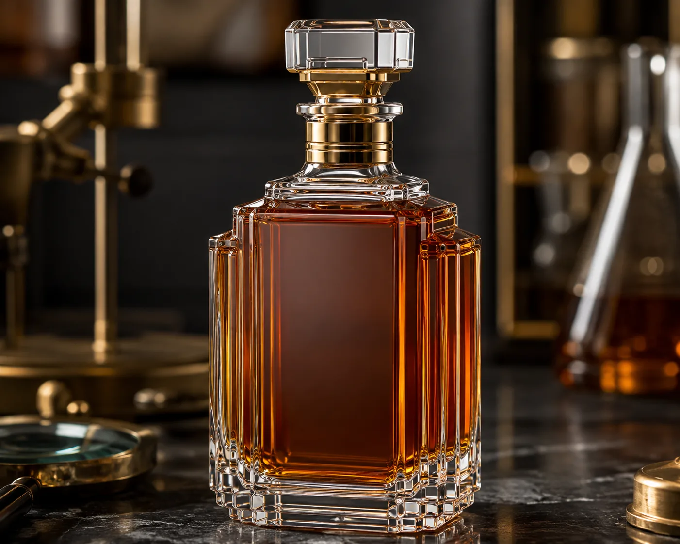 Bouteille de spiritueux Art Déco dans une présentation coordonnée de bar ou d'emballage cadeau.