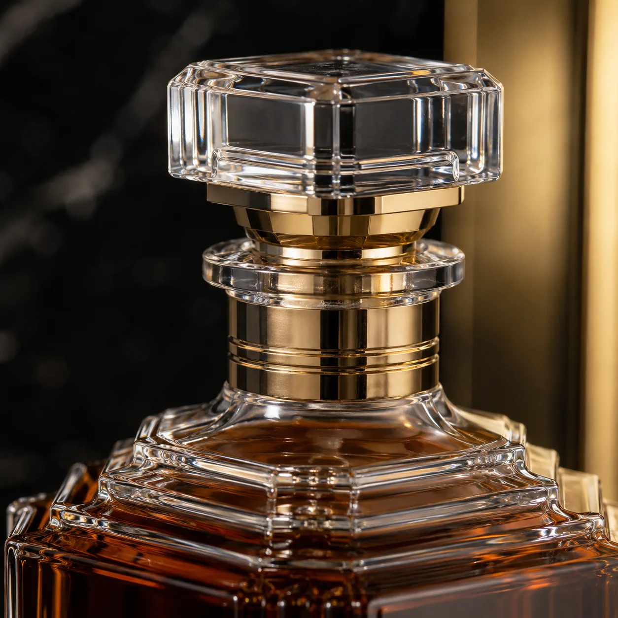 Close view of Art Deco Liquor Bottle showing shoulder shape and label / embossing