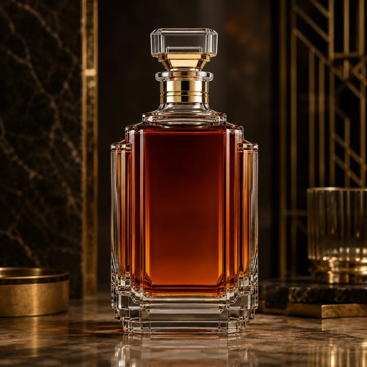 Detail view of Art Deco Liquor Bottle showing cork, bar top or cap by neck finish