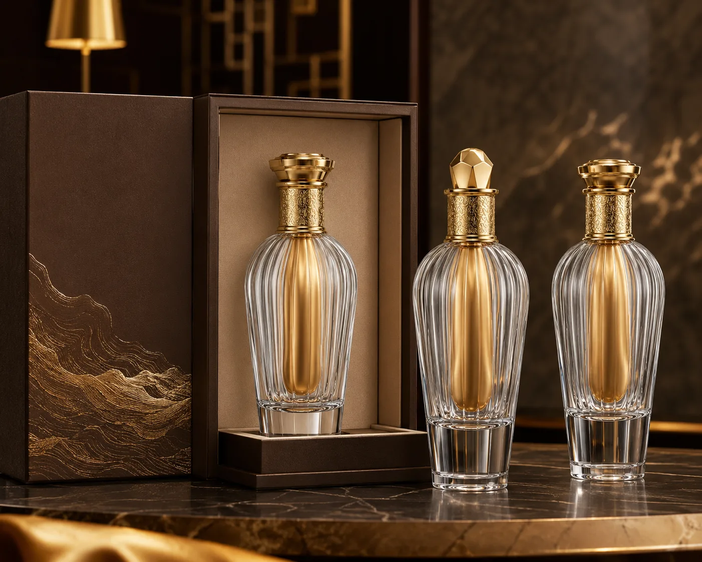 Nahaufnahme der Baijiu-Flasche mit Glasoberfläche, Verschlussbereich und Boden.