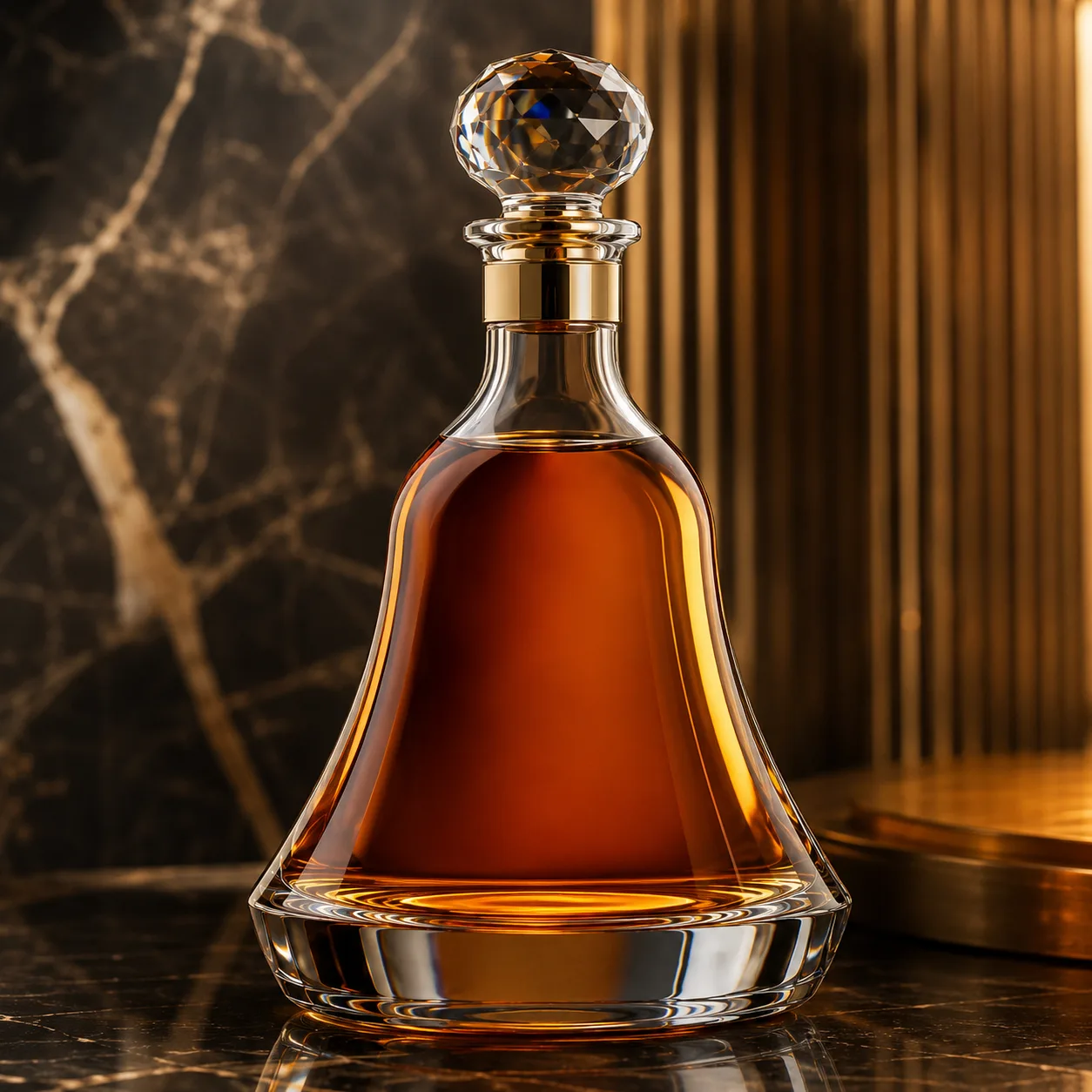 Detail view of Bell-Shaped Liquor Bottle showing cork, bar top or cap by neck finish