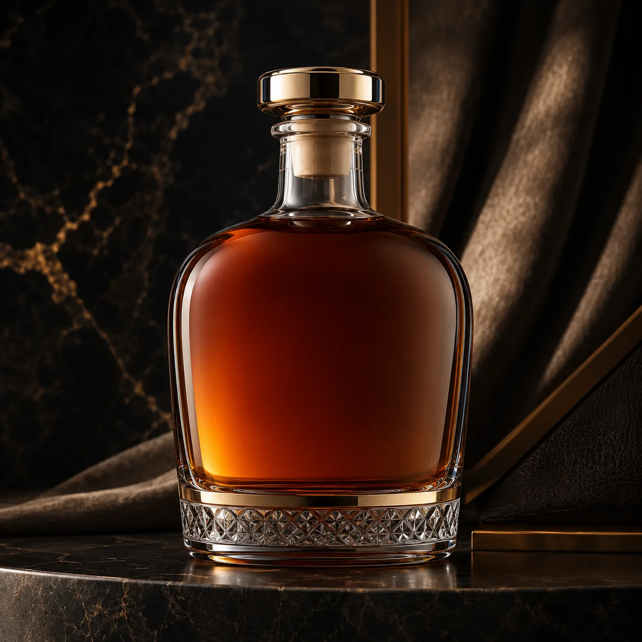 Detail view of Brandy Bottle showing cork, bar top or cap by neck finish