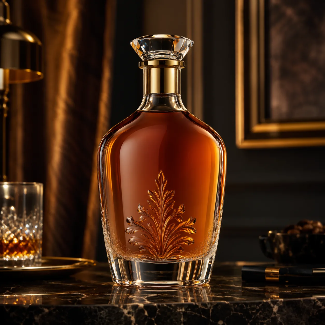 Detail view of Cognac Bottle showing cork, bar top or cap by neck finish