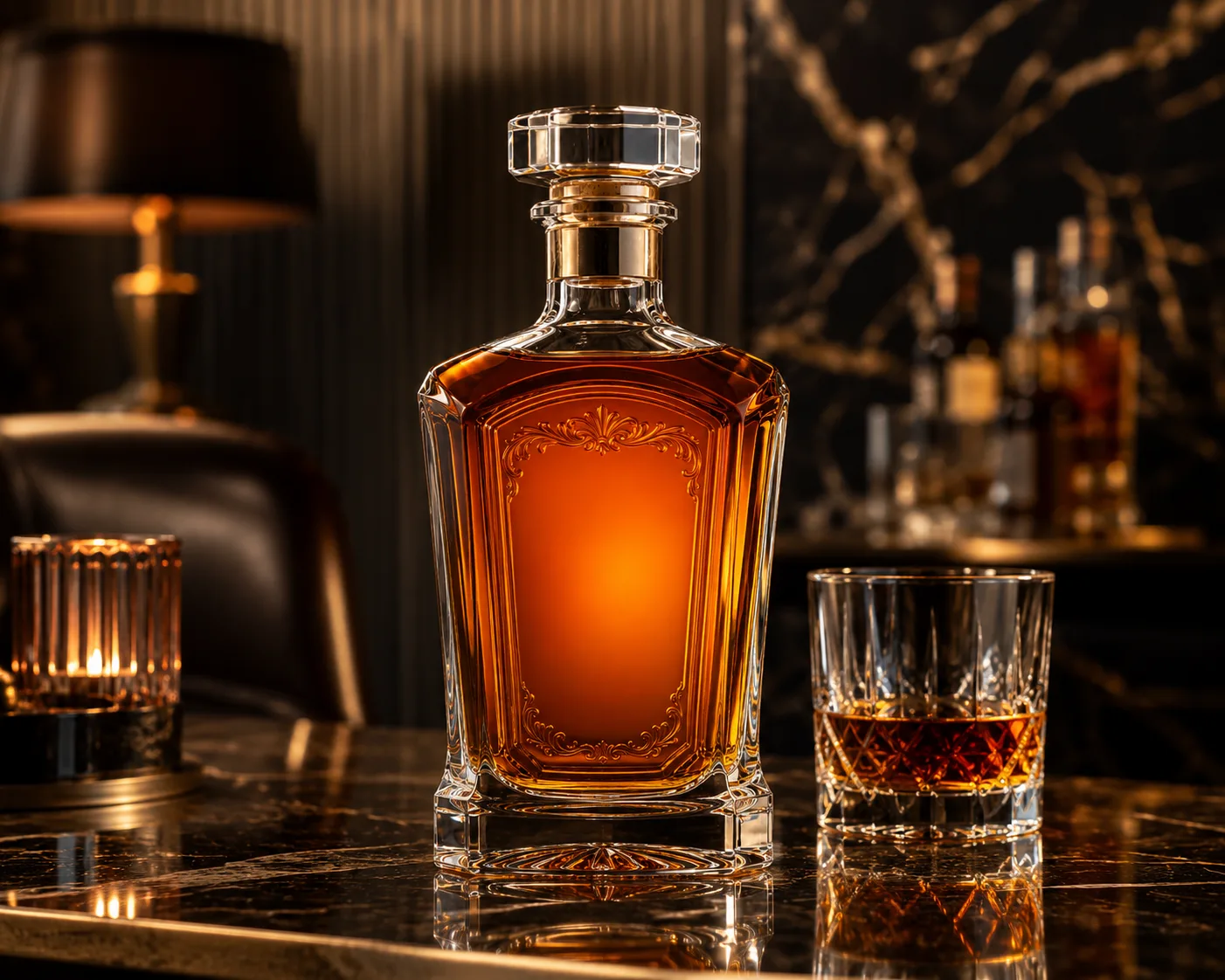 Embossed Liquor Bottle in a premium spirits packaging presentation for premium spirits with molded or embossed branding.