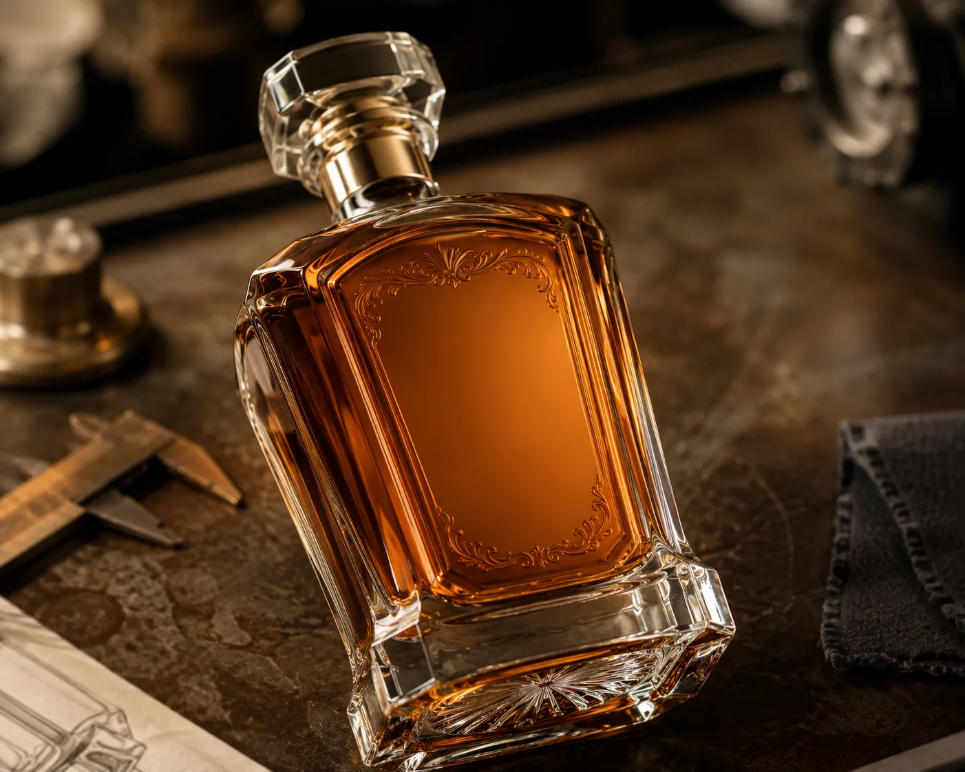 Embossed Liquor Bottle in a coordinated bar or gift-packaging display.