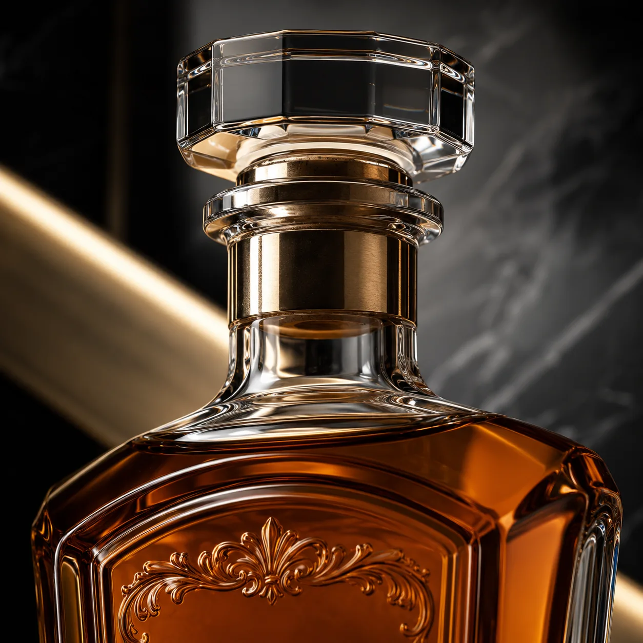 Close view of Embossed Liquor Bottle showing shoulder shape and embossed detail / decoration