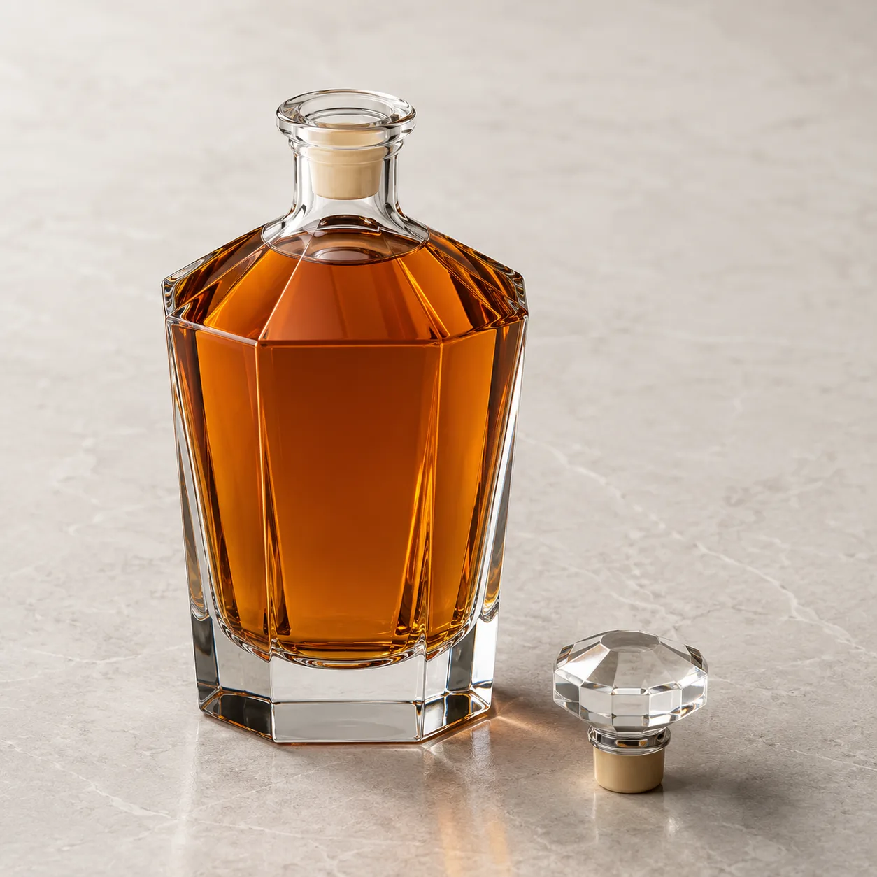 Angled side view of Faceted Liquor Bottle showing the outer profile