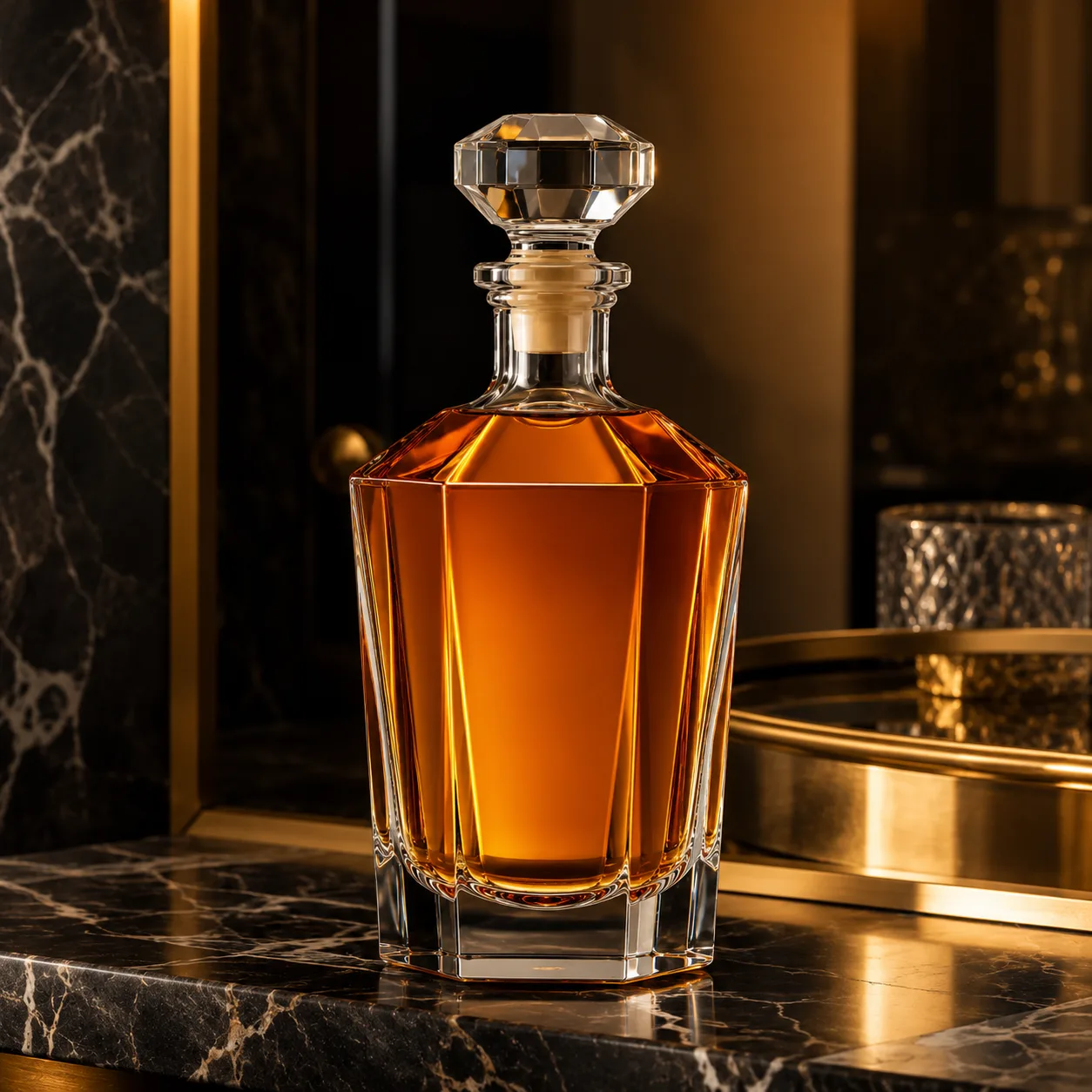 Detail view of Faceted Liquor Bottle showing cork, bar top or cap by neck finish