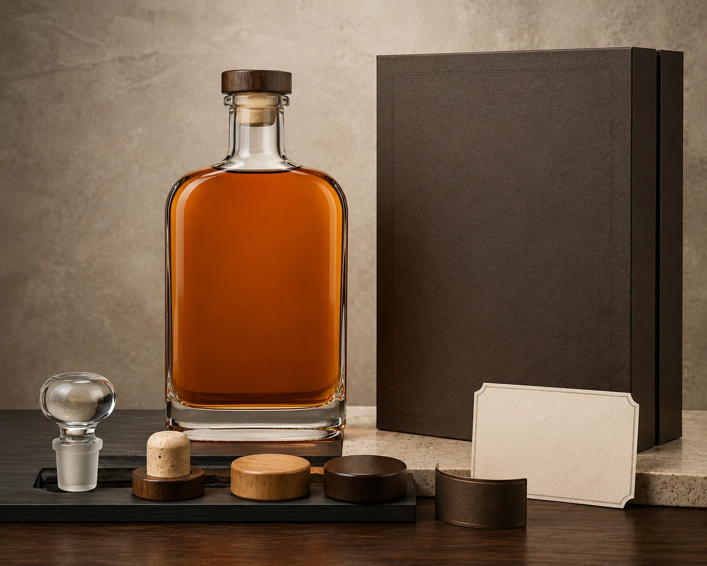 Flask Liquor Bottle shown from a secondary angle with the shoulder and neck visible.