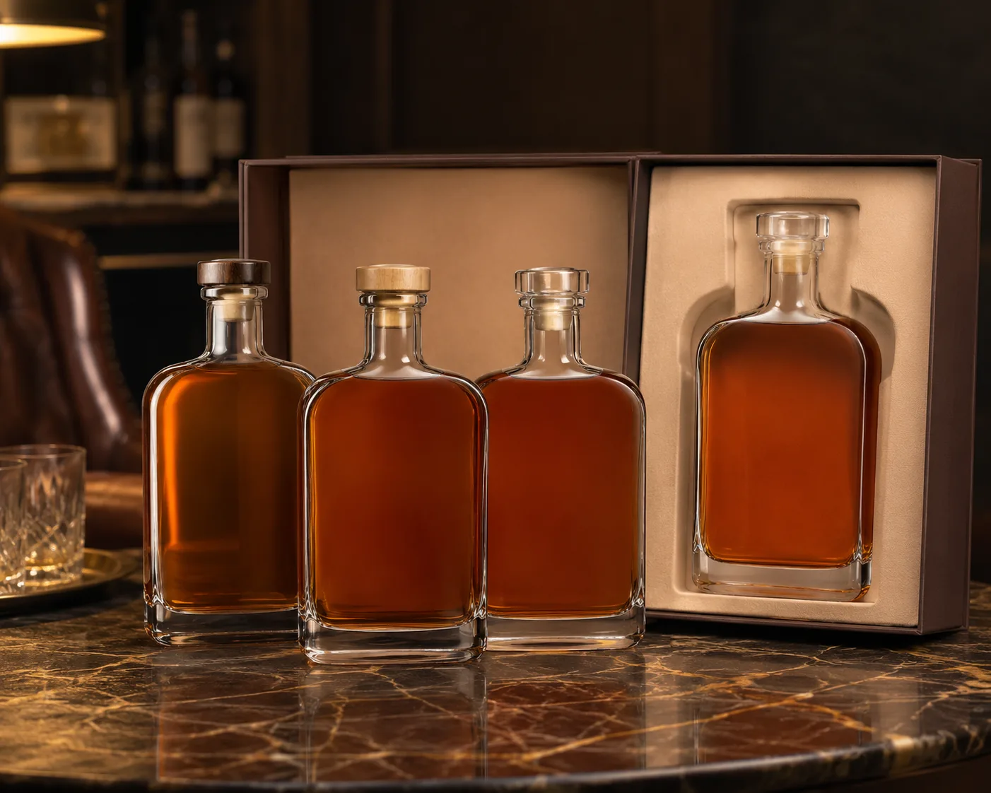 Close-up of Flask Liquor Bottle showing the glass finish, closure area and base.