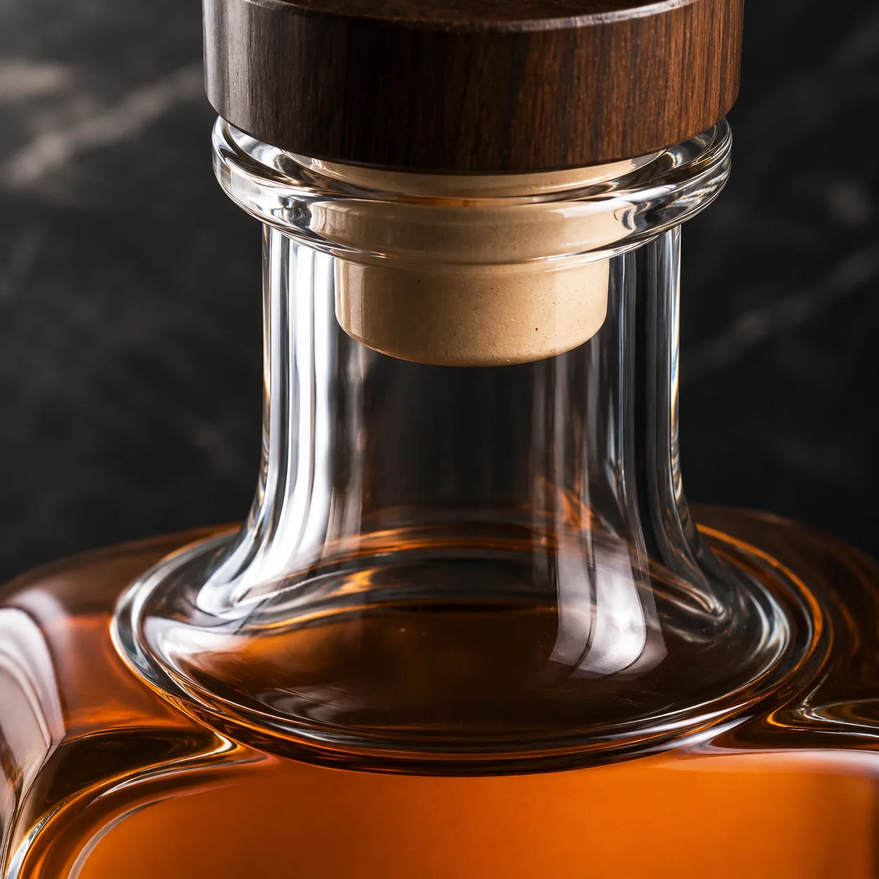 Close view of Flask Liquor Bottle showing shoulder shape and label / embossing